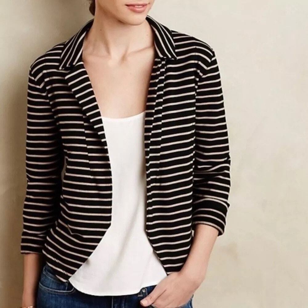 Dolan Anthropologie Shadow Band Black Tan Stretch Knit Open Blazer Jacket